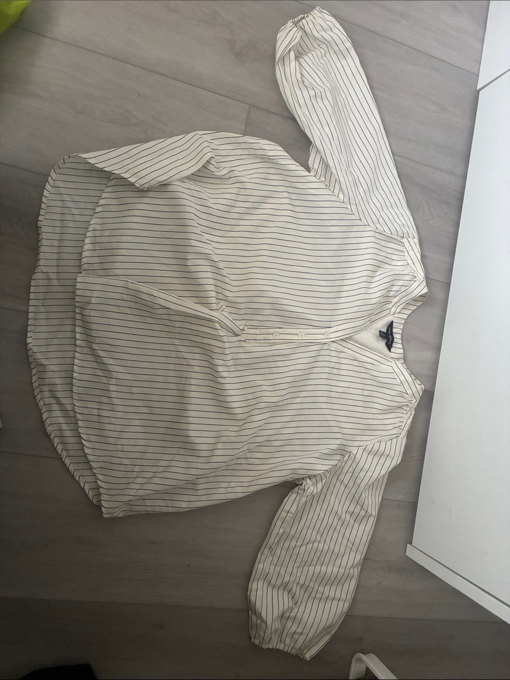 Lane Bryant Cream Button-Down Shirt with Thin Black Stripes